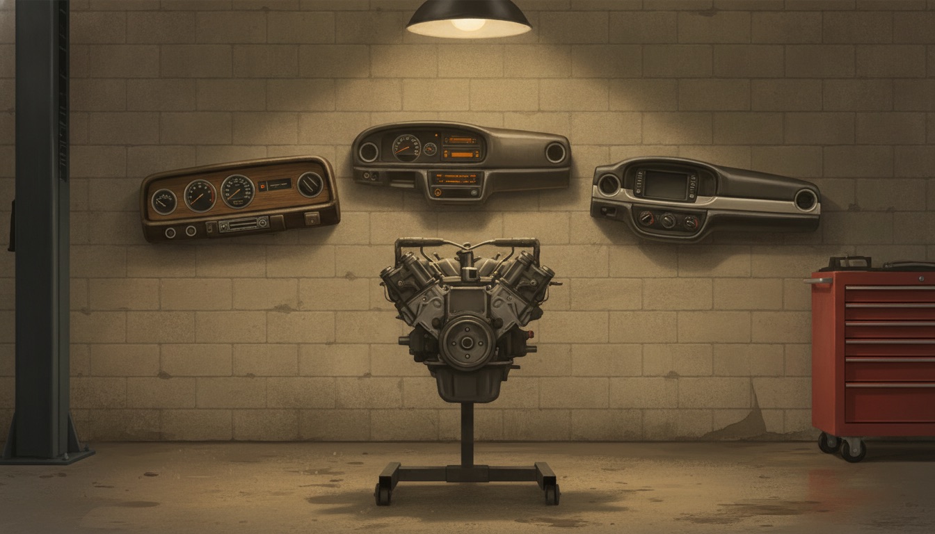 A bare engine on a stand in a shop bay under a single lamp, with three dashboards from different eras hung on the block wall behind it.