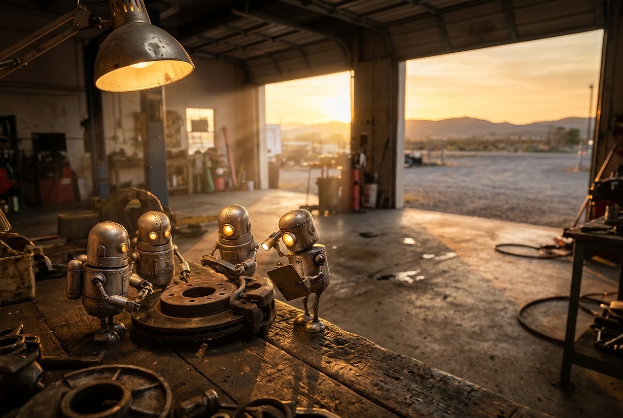 A worn wooden workbench in an old auto repair shop at sunset. Four small riveted metal robots with glowing amber eyes gather around a brake rotor and caliper. One holds a clipboard and shines a small flashlight on the finished work, checking it. Behind them the bay doors stand open to a gravel lot and distant hills.