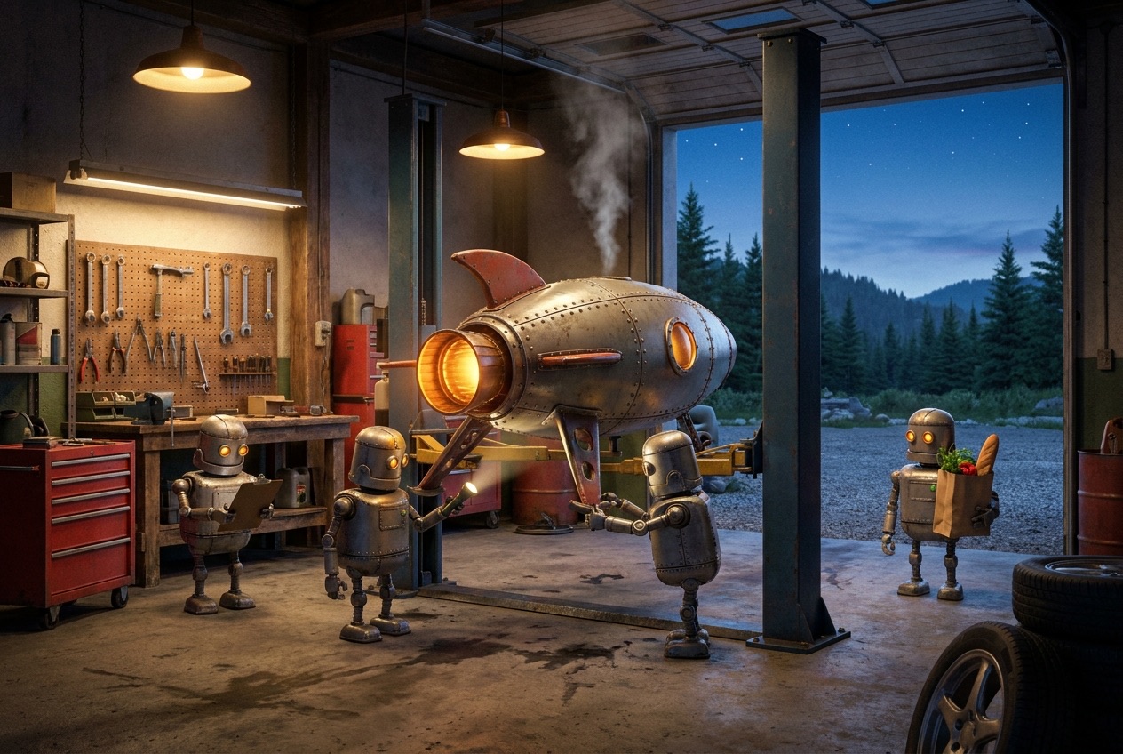 An old auto repair bay at dusk. A small riveted tin-toy rocket sits on the vehicle lift where a car would be, its engine glowing amber and a wisp of steam rising. Four small metal robots with amber eyes work around it like a pit crew: one checks a clipboard, one shines a flashlight on a landing leg, one inspects the hull, and one walks in from the gravel lot carrying a paper bag of groceries. Fir-covered hills and the first stars show through the open bay door.