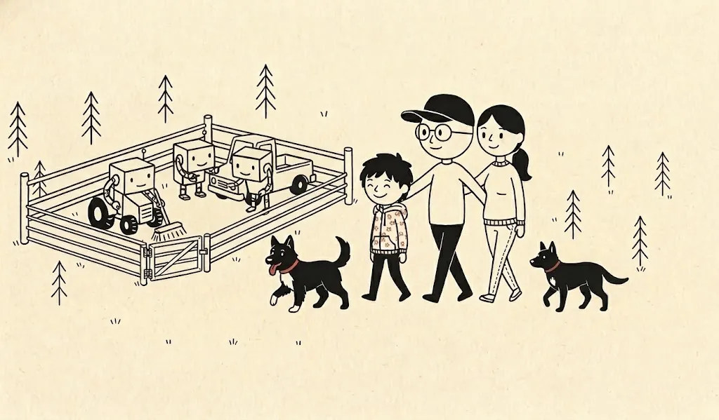 A family and two dogs beside a fenced corral where four small robots work together.