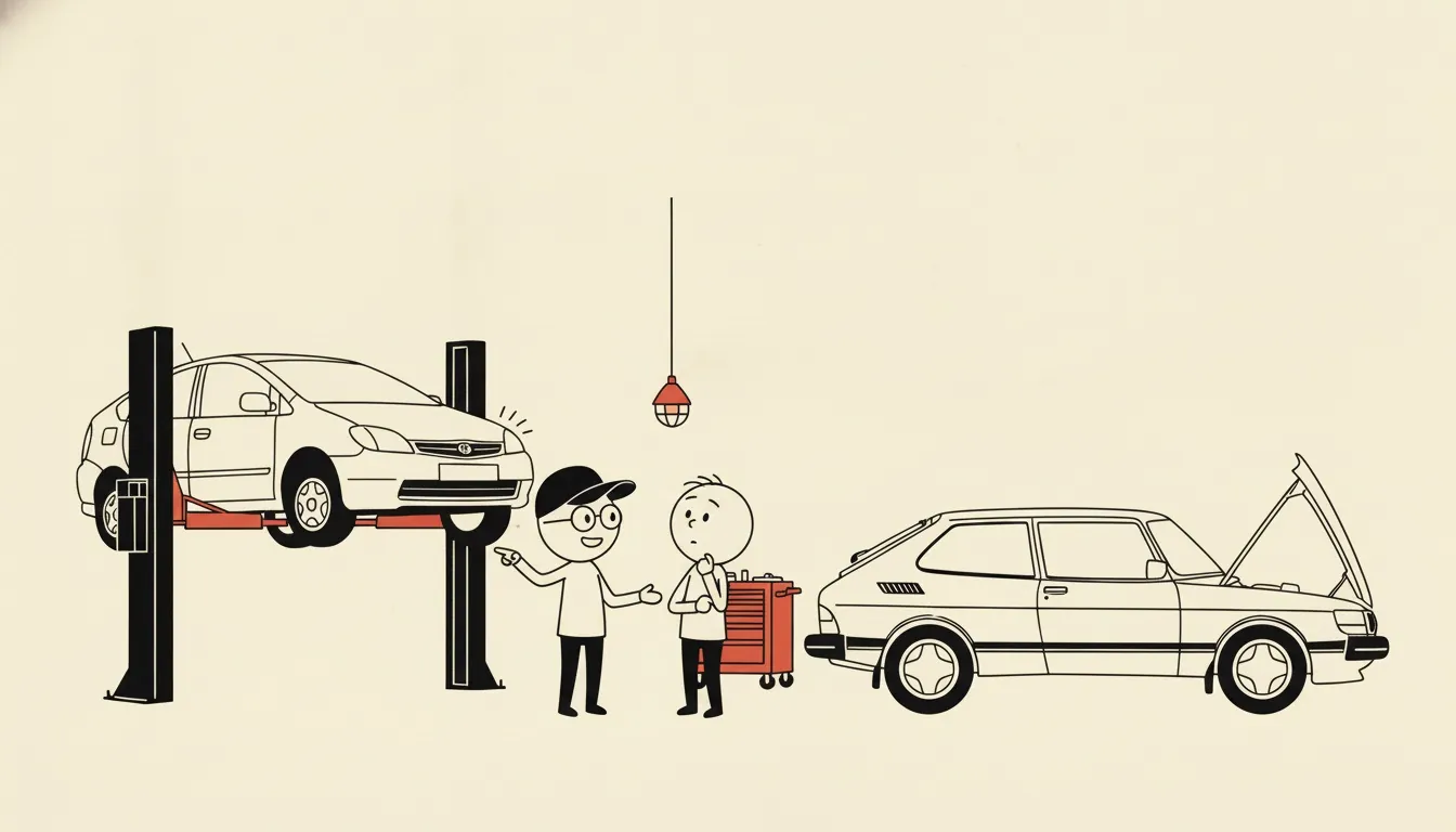 An illustration of Travis working with someone in his auto repair shop.